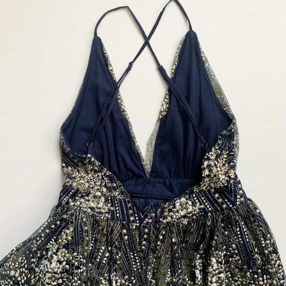 Luxxel Backless Sequin Mini Dress | Blue and Gold  | Size M - Picture 5 of 14
